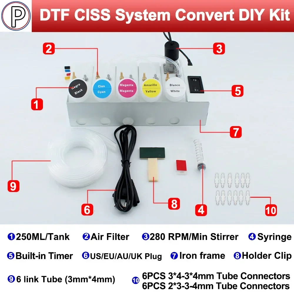 L18050 ET-8550 XP15000 250ML DTF CISS Ink System Convert DIY Kit White Ink Tank Shake with Built-in Timer For Epson L8050 18100
