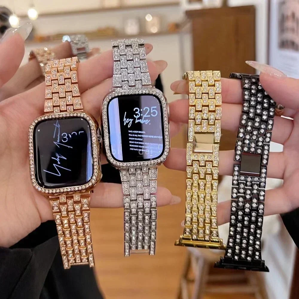 Luxury Diamond Strap for Apple Watch Ultra 49mm 10 46mm 42 for IWatch Series9 8 7 6 5 4 45mm 44 40 38 Stainless Steel Women Band