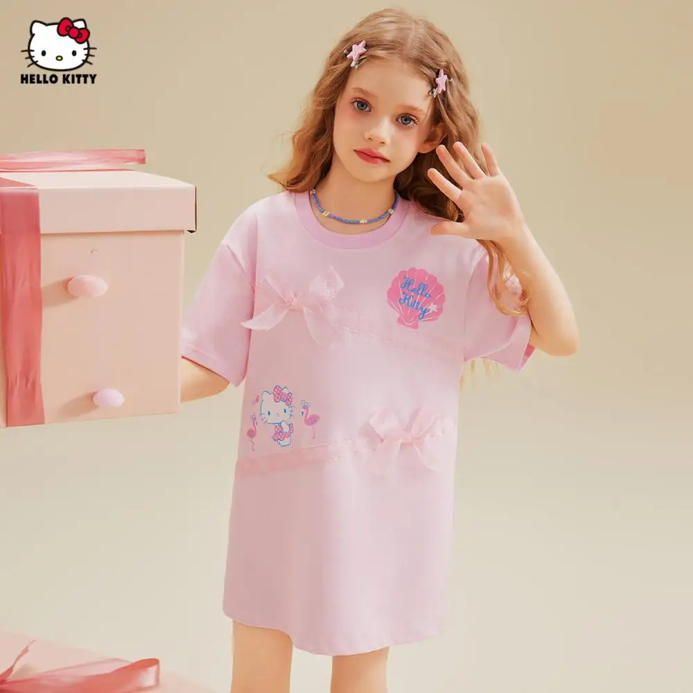 

Sanrio Hello Kitty Girls Dress New Summer Cartoon T-Shirt Skirt 3-14Y Child Tops Sweet Leisure Short Sleeve Children's T-Shirts