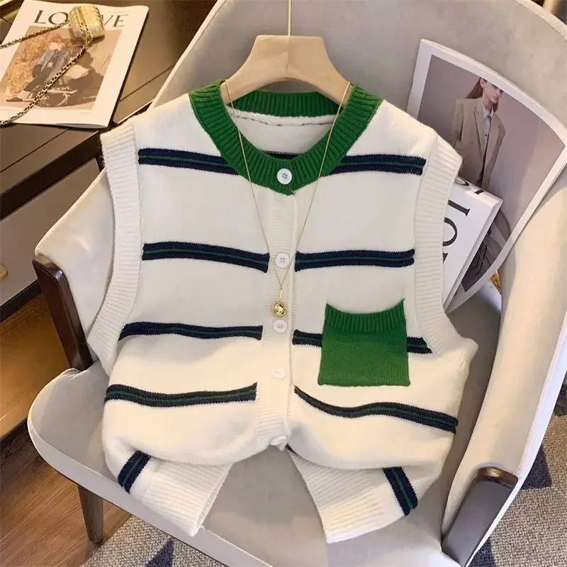 

New Colored Round Neck Cardigan Sweater Vest for Women Spring and Autumn Casual Camisole Striped Knit Sweater Vest Female Tops