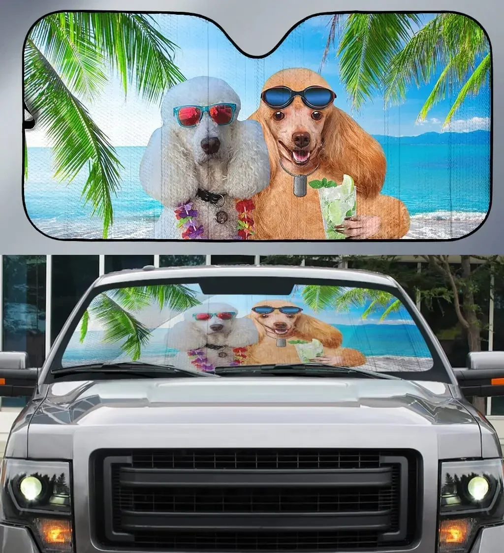 Hawaii Poodle Dog With Sunglasses In Summer Beach Coconut Tree Car Sunshade, Gift For Poodle Lover, Hawaii Vibe Auto Sun Shade,