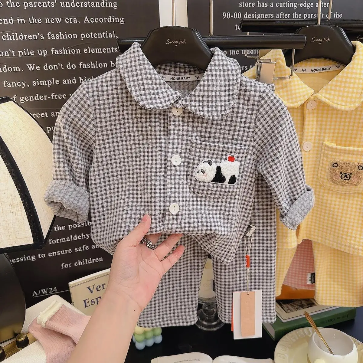 New 2026 Boys Girls Spring Pajamas Set Kids Casual Plaid Long Sleeve Lapel Cartoon Embroidery Homewear Pyjamas Youth Sleepwear