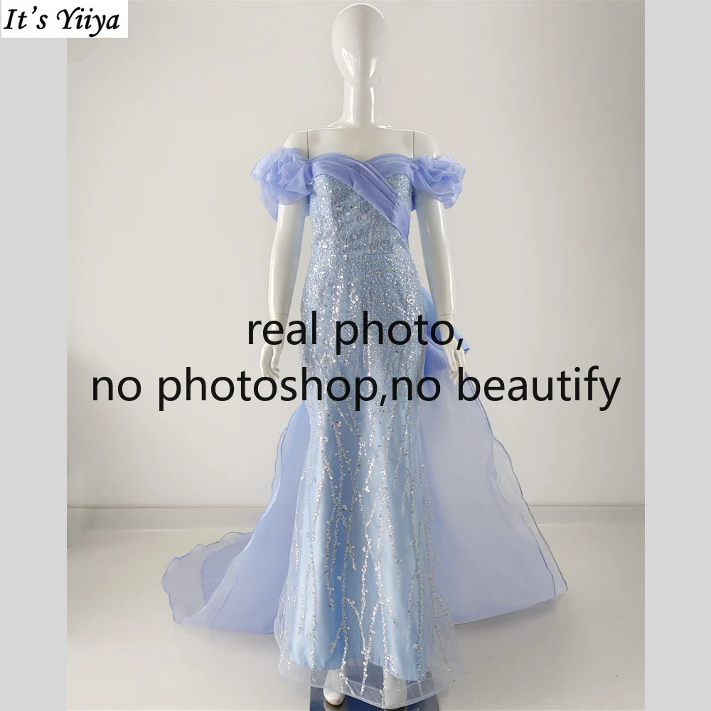 It's Yiiya Real Photo Evening Dresses Sky Blue Beads Off the Shoulder Lace up Mermaid Floor Length Plus size Party Formal Gowns