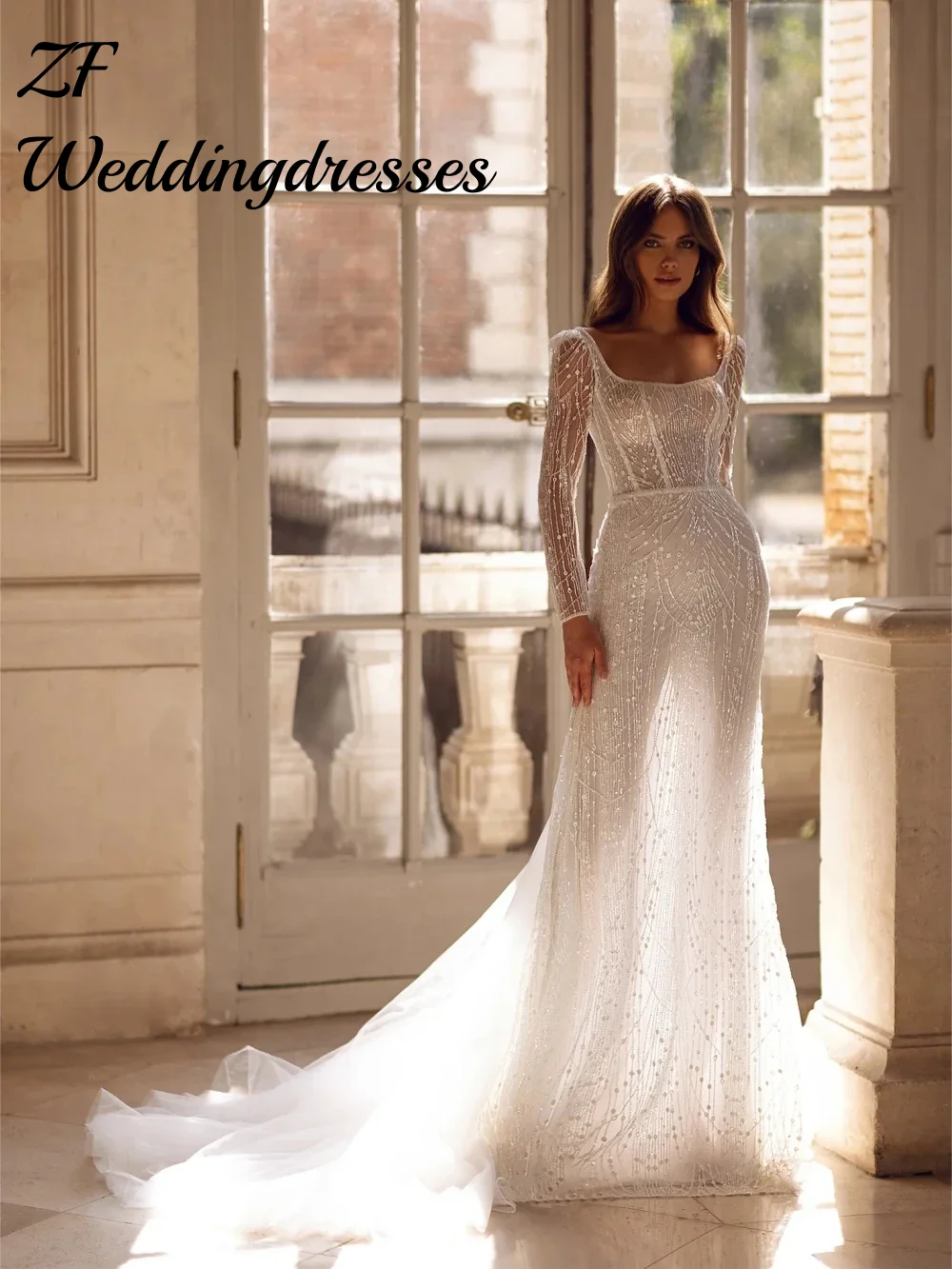 Vestidos encantadores personalizados para noiva lindo frisado pescoço quadrado vestido de casamento elegante sereia manga longa vestido de noiva novo