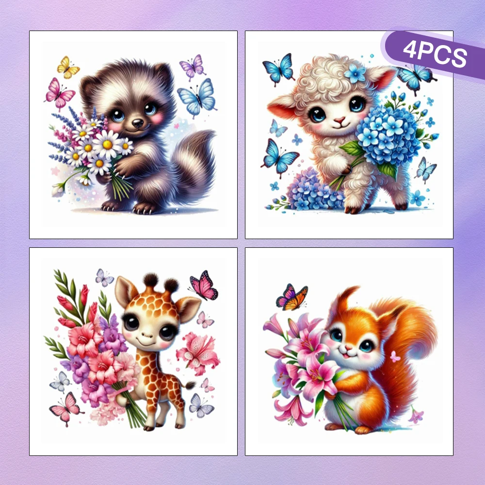 HUACAN 4 Stück Tier-Diamantmosaik auf dem Keller, Giraffen, Kunst, Blume, Schmetterling, Eichhörnchen, Schaf, Waschbären, rund, zum Selbermachen