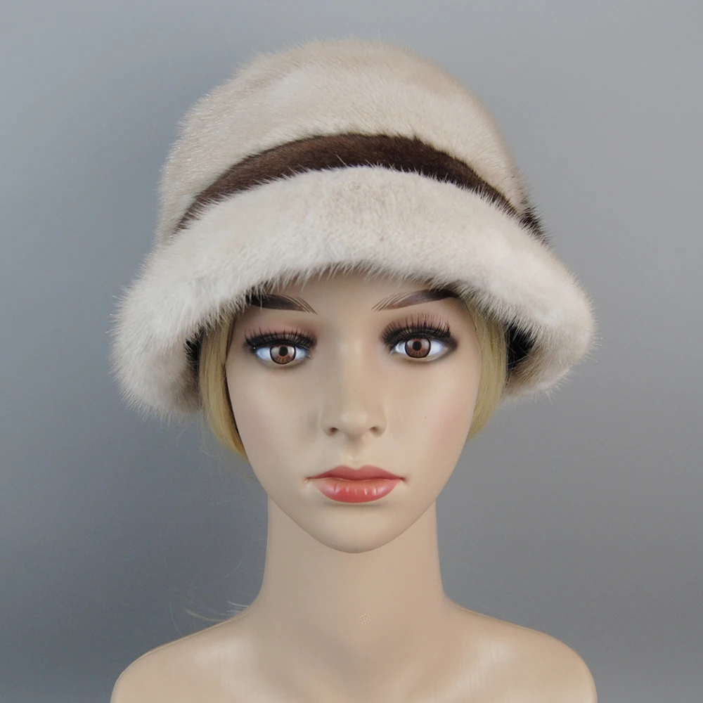 Brand Russian Girl Soft Knitting Real Fur Bucket Hats Woman Hat Winter Solid Mink Caps With Fashion arrow Natural Mink Fur Hats