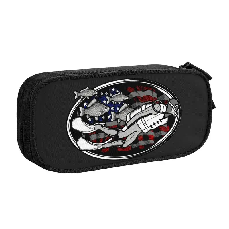 Custom Scuba Diving With Fish US Flag Pencil Case for Girls Boys Large Capacity Pen Bag Box Stationery