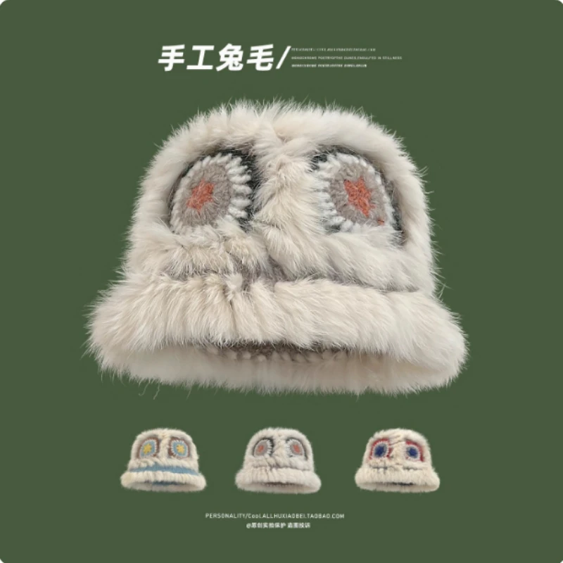 

Корейская версия красочных вязаных вручную милых панатов из кроличьего меха для женщин, зимние милые и универсальные теплые шапки для бассейна