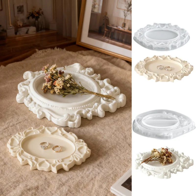 

2pcs Nordic Palace Relief Pattern Tray Silicone Mold for DIY Epoxy Resin, Plaster, Oval Decor - Reusable Storage Craft Mold