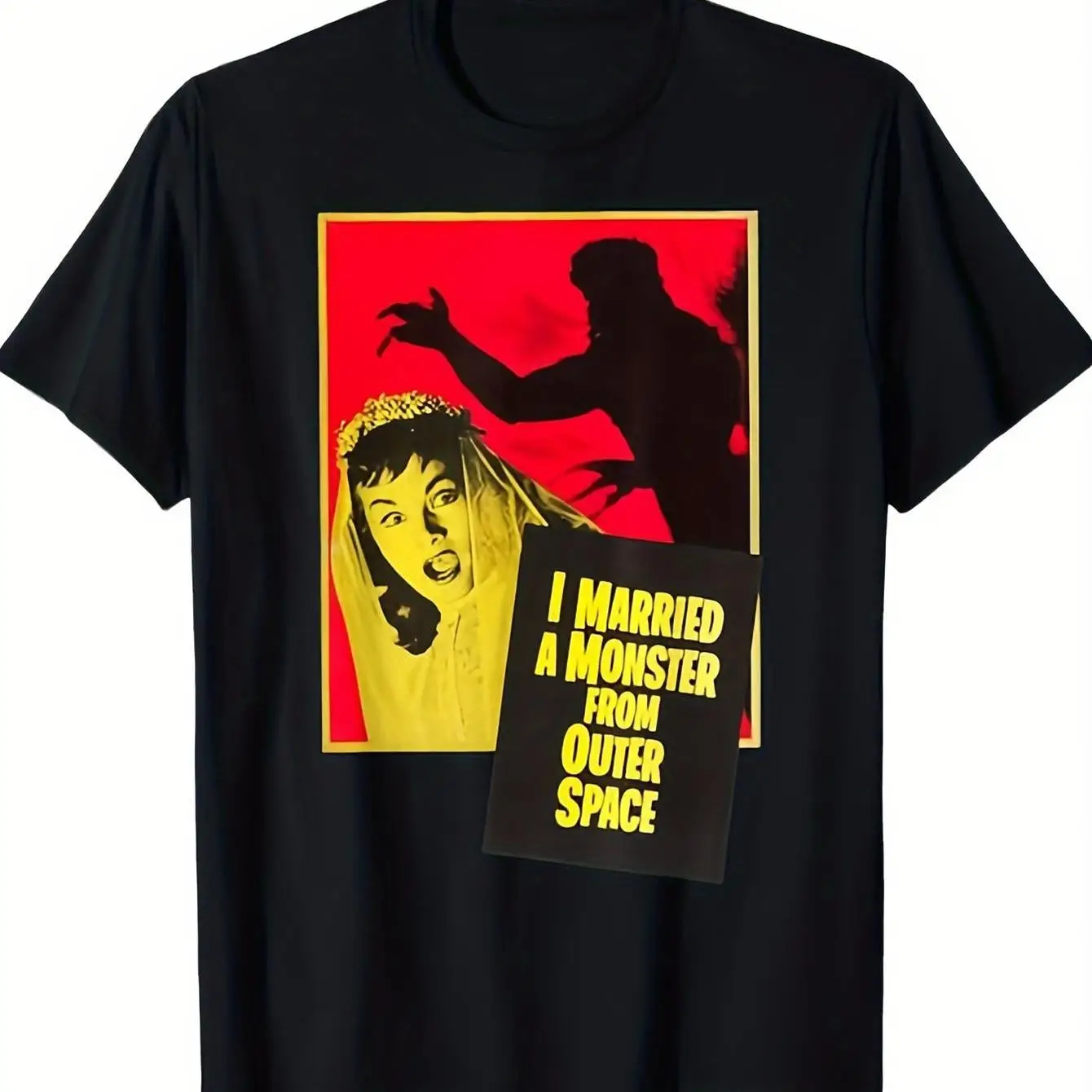 

Men's Retro 1950s Horror Movie T-shirt Black with Yellow and Red Alien Monster Pattern Round Neck Short Sleeve Casual Top