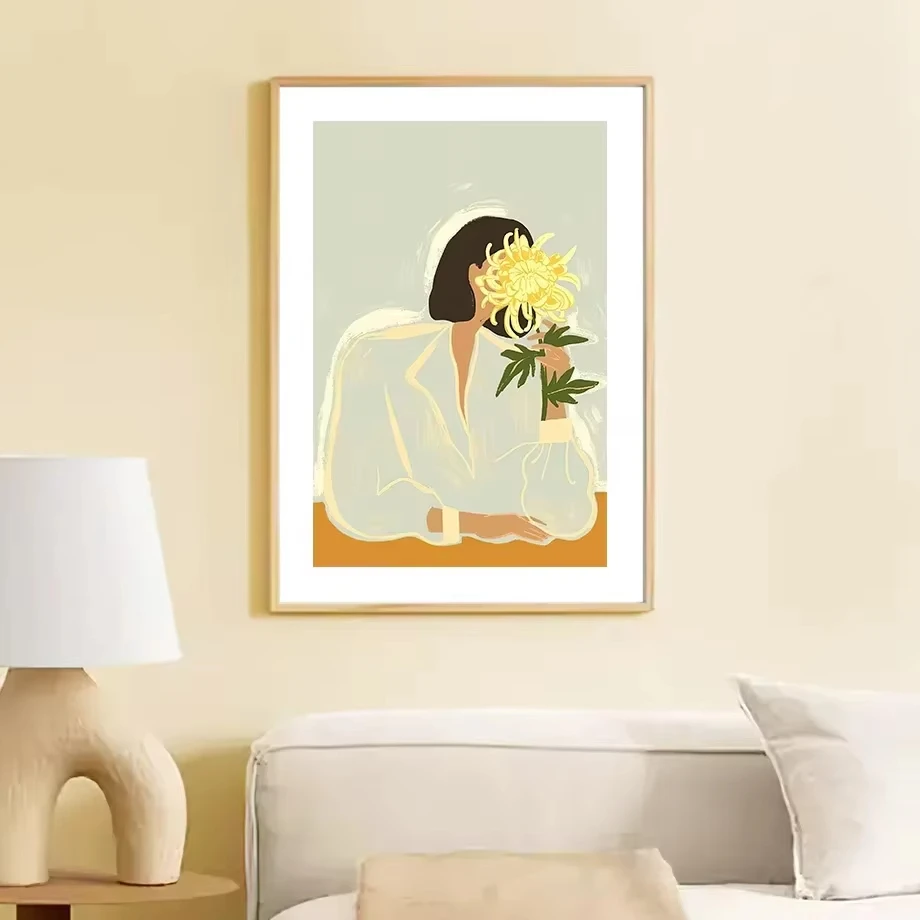 Warm toned Nordic cute girl poster printing vase flower pajamas frameless canvas painting modern warm home room decor