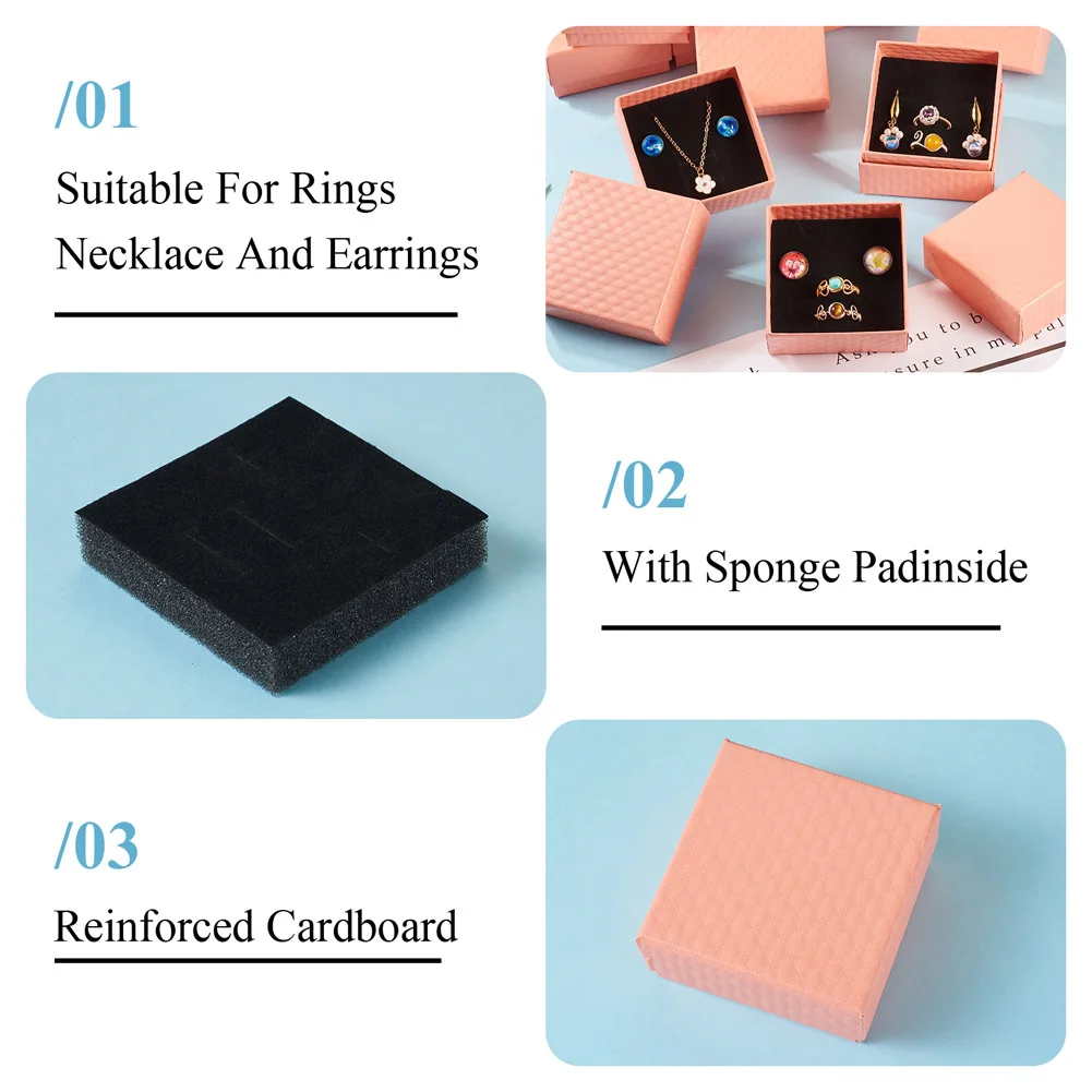 12pcs Rhombus Textured Cardboard Boxes Multi-color Square Box with Sponge Pad DIY Jewelry Storage Packing Supplies 75x75x36mm