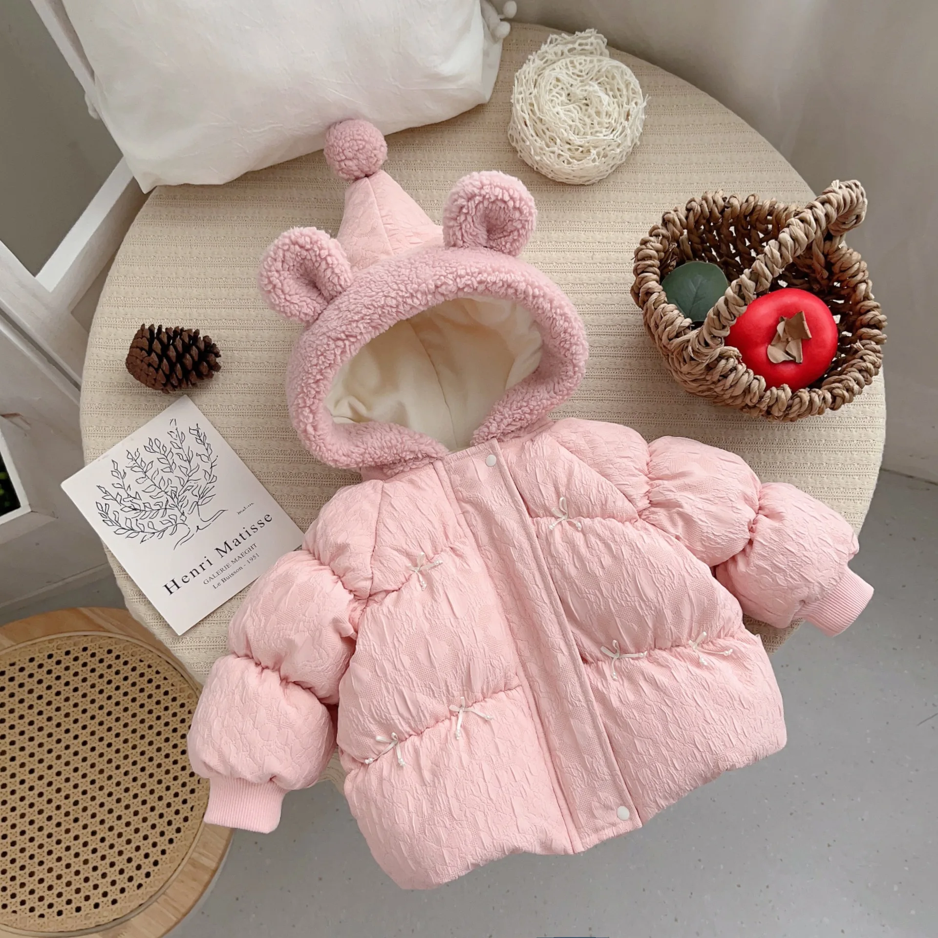 Cute Baby Girls Cotton Coat Velvet Winter Thicken Warm Hooded Padded Jackets Puff Sleeve Infant Girl Overcoat