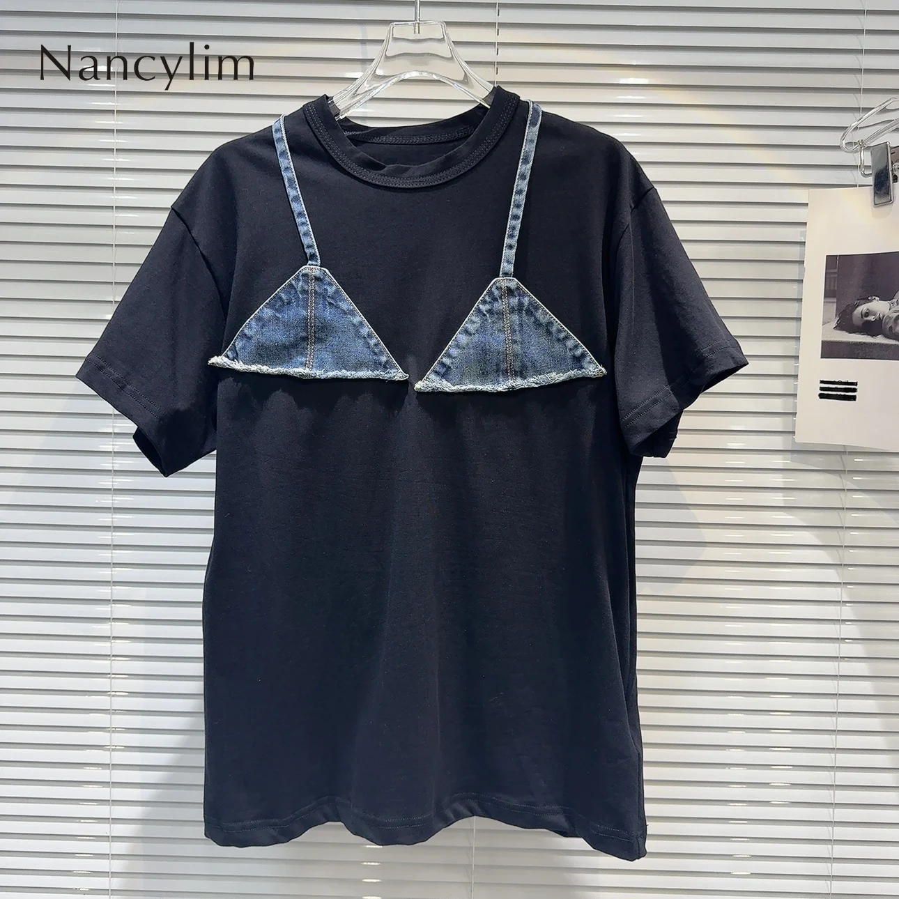 

2024 Summer New Niche Denim Bikini Stitching Street Fashion Hot Girl Short Sleeve T-shirt for Women Loose Black Tee Tops