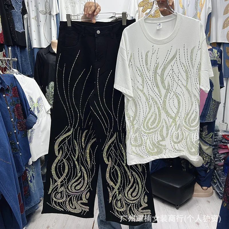 Fashionable Autumn Women Two-piece Set Luxury Flame Hot Diamonds White Short Sleeve T-shirt Top+High Waist Wide Leg Denim Pants