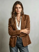 Élégante veste en daim marron pour femmes, vêtement d'extérieur tendance d'automne avec poches et boutons pour dames. 3