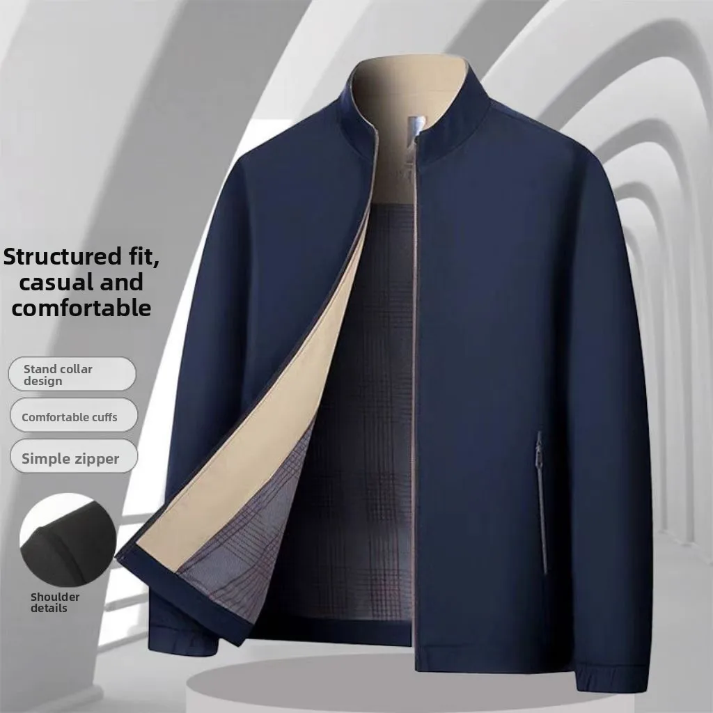 Business Casual Stand Collar Jacket Top Thin Loose Dad Style for Middle-Aged Spring Autumn Wear PU Material Short Length