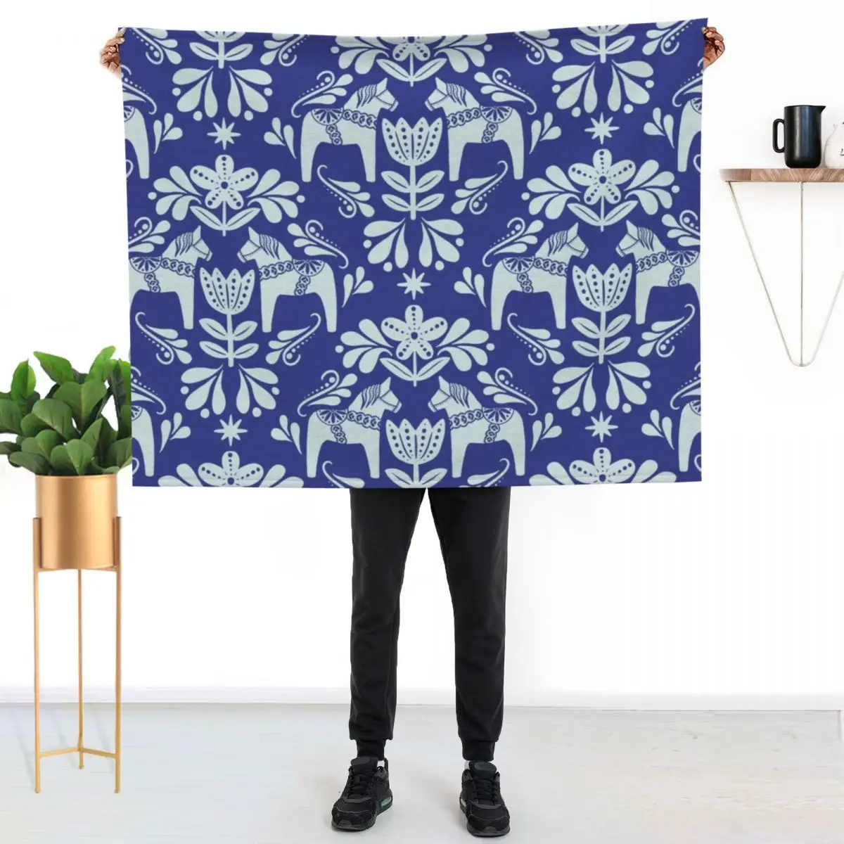 Folk Art Dala Horse - Cobalt Blue and Cream Throw Blanket Soft Solid Color Blanket for Couch Bed