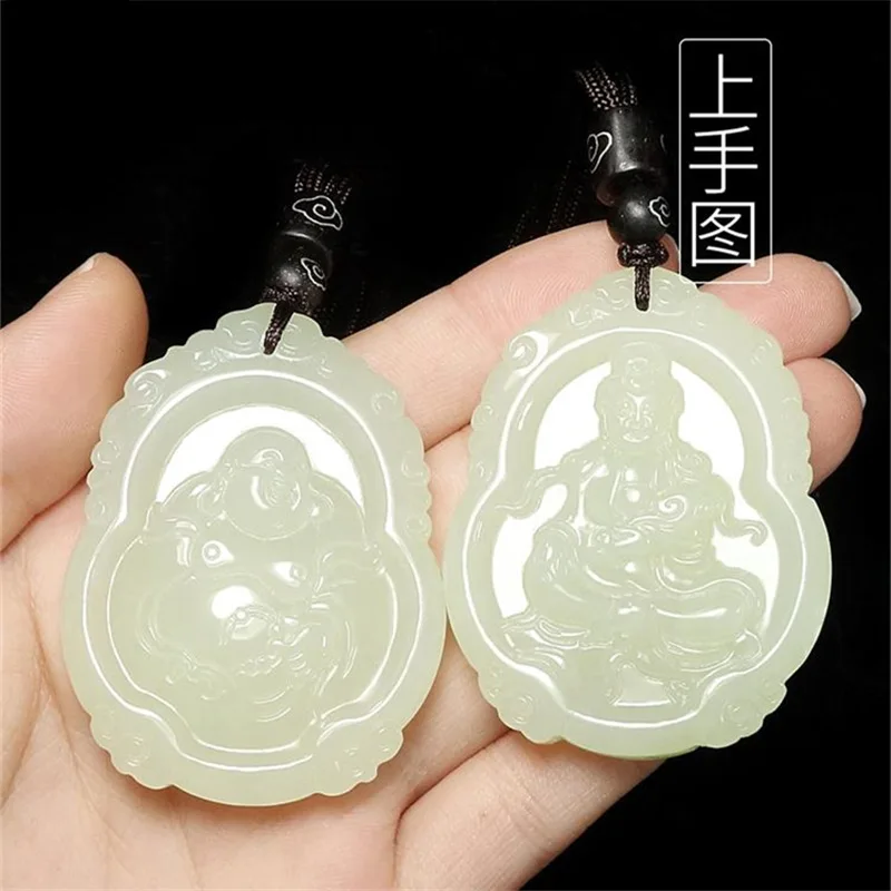 Hetian Guanyin Men, Pendant Women, Laughing And Maitreya Buddha Pair Of Jade Pieces