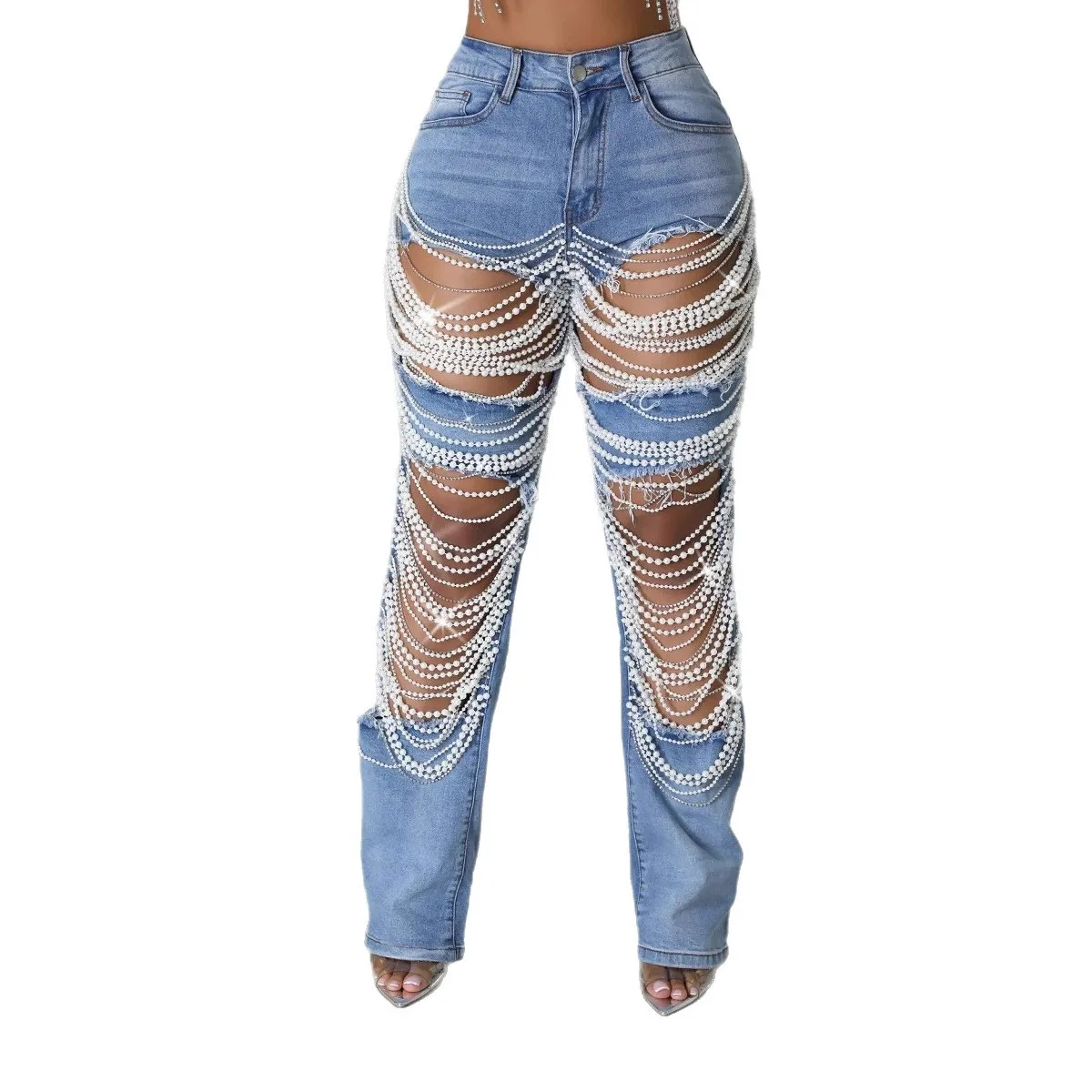 Y2k Baggy Jeans Women High Waist Wide Leg Denim Pants Light Blue Beaded Chain Detail Denim Jeans Pearl Beaded Jeans Pants