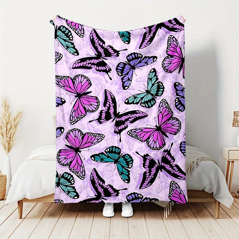 Purple Background Colorful Pink Teal Butterfly Print Flannel Blanket Soft Throw For Sofa Bedroom Indoor Daily Home Decor Gift
