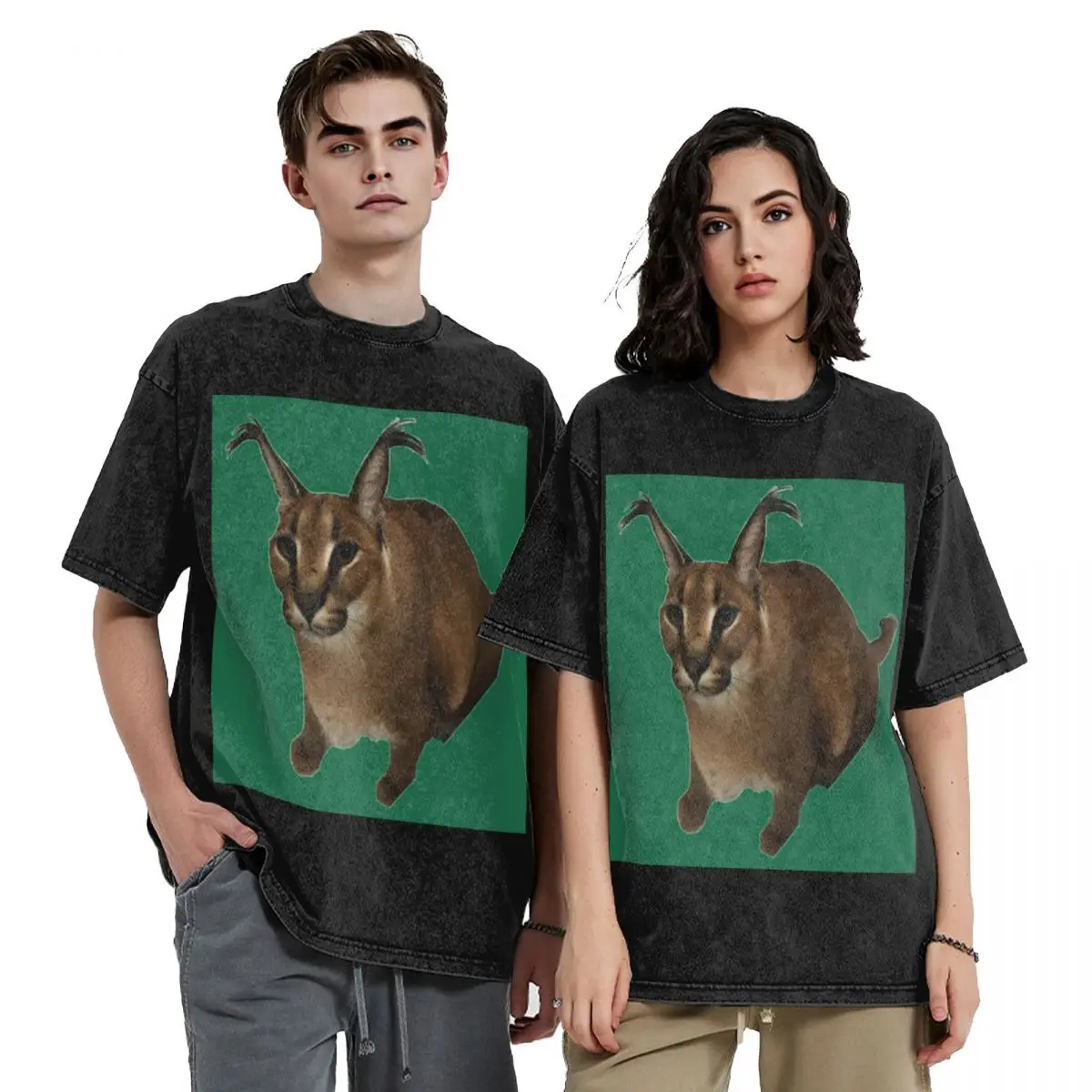 Big Floppa Animal Cat Washed T Shirts Printed Short Sleeve Hip Hop T-Shirt Streetwear Tops Tees for Men Women