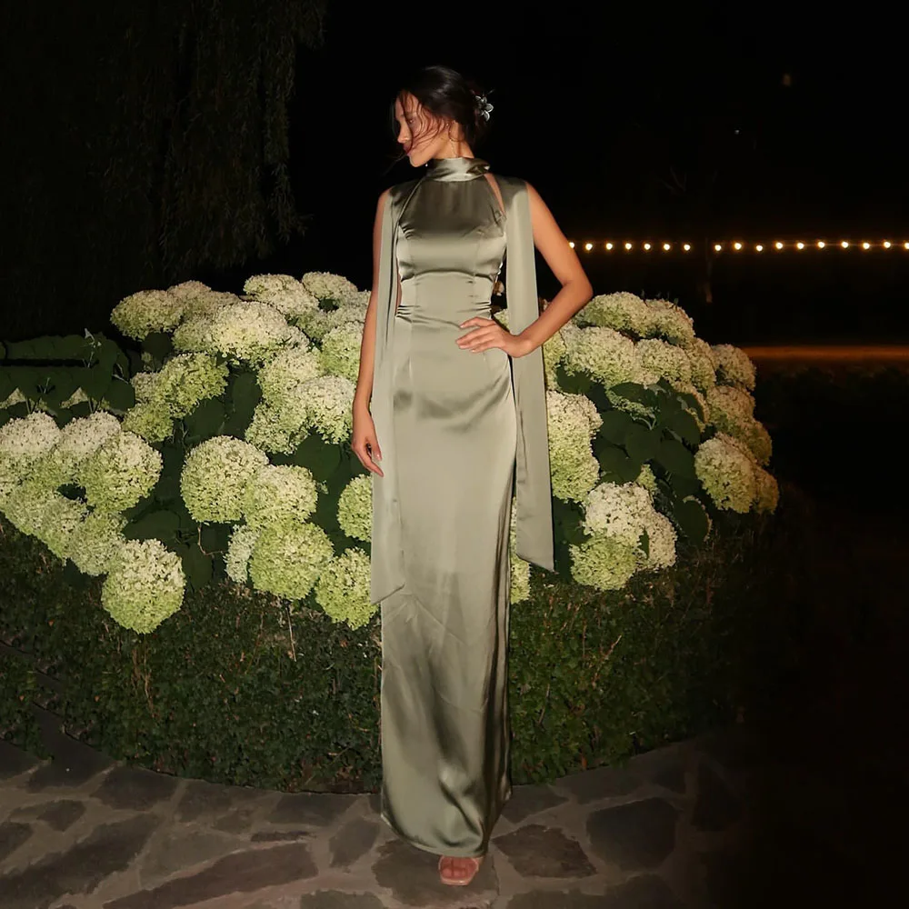 

Msikoods Satin Prom Dresses 2025 Halter Neck Floor Length Sleeveless Split Special Occaison Dress Customized Evening Dresses