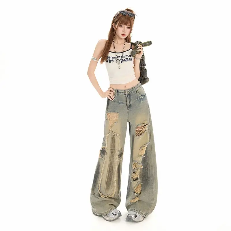 Retro High Waist Wide Leg Denim Jeans Women's Spring Summer Loose Fitting Hole Design Straight Cut Trousers Slimming Effect