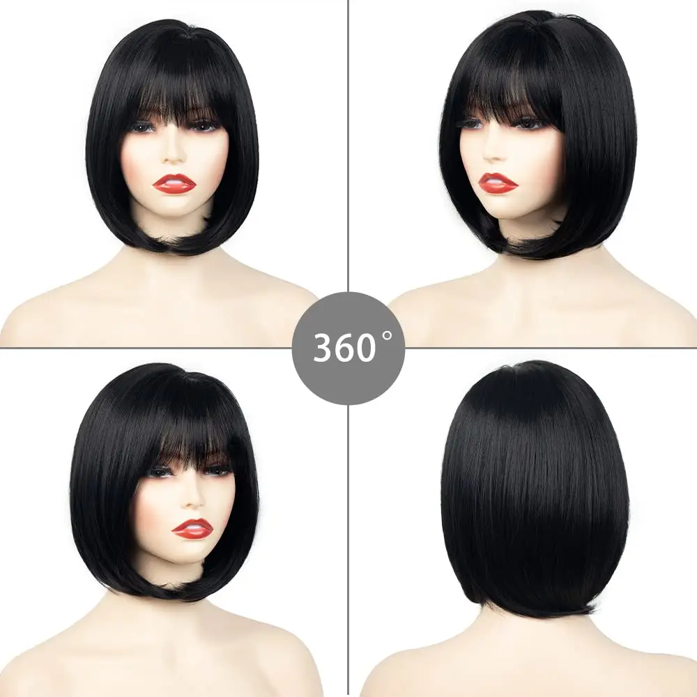 Black Short Bob Synthetic Wig Straight with bangs 8inch for Women Natural Looking for Daily Us