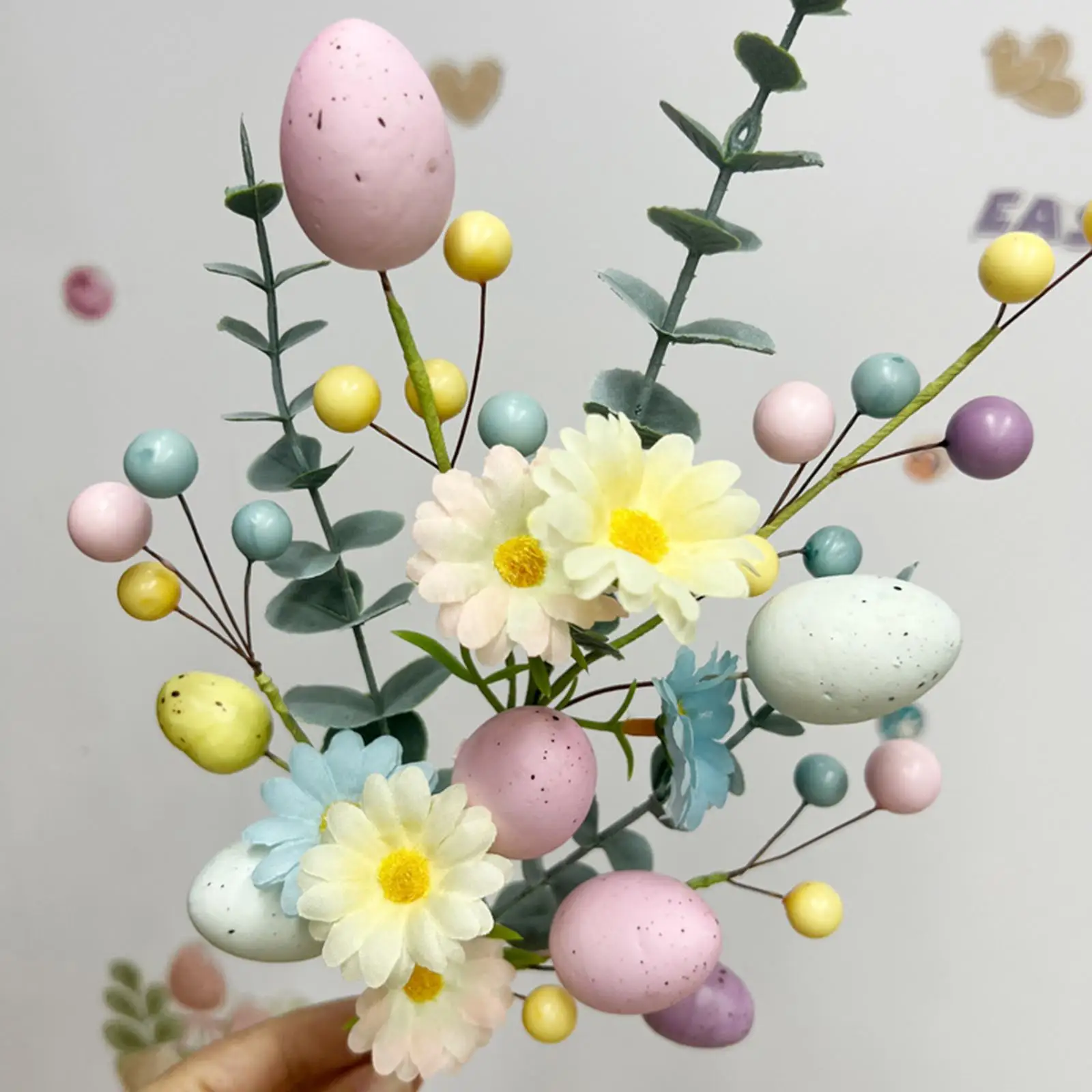 Easter Egg Stem Twig with Eucalyptus Leaves Flower Pick Bouquet Artificial Flowers for Garden Spring Arrangement Home Vase Yard
