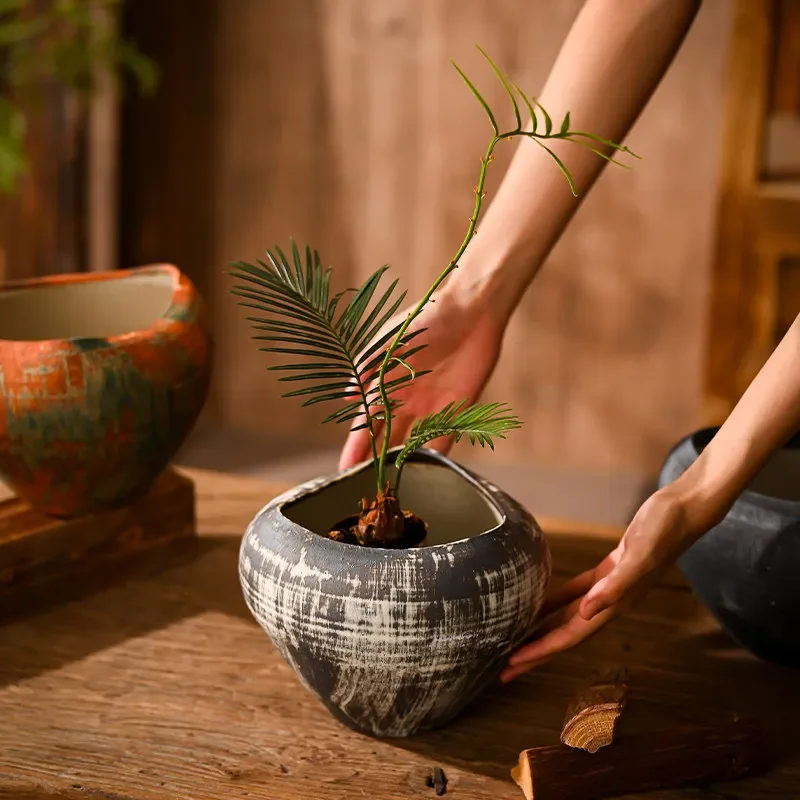 Ceramic Flower Pot Retro Coarse Ceramic Flower Vessel Pots for Plants Home Creative Retro Small Flower Utensils Green Plant Pot