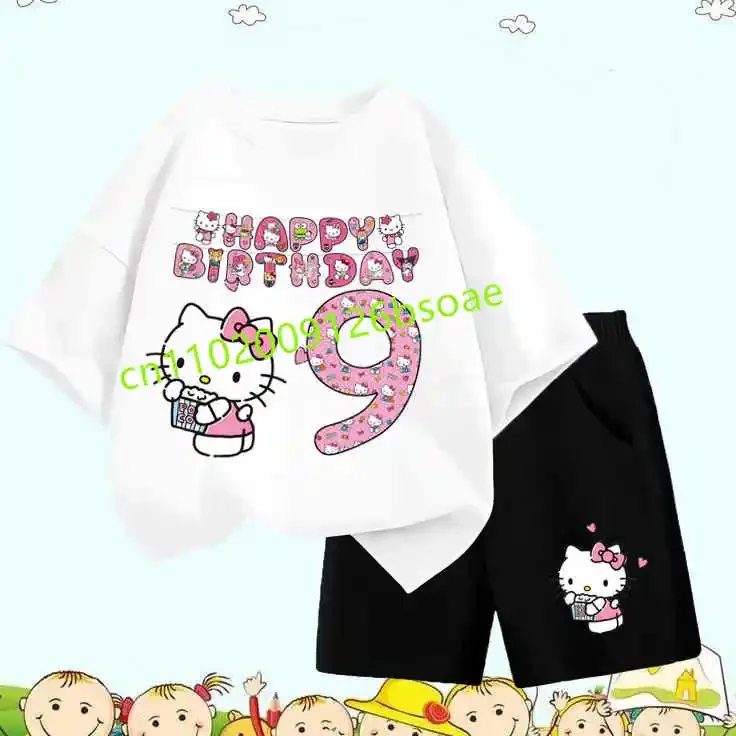 

Baby Girls Birthday Digit 1-10 Clothes Sets New Sanrio Kids Tshirt Sets Hello Kitty T-shirts Short Sleeve Streetwear Pullover