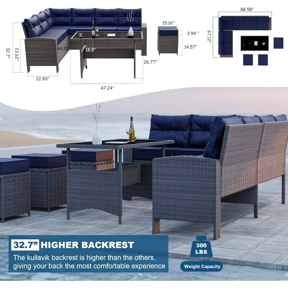 7 Piece Outdoor Patio Furniture All-Weather Wicker Rattan Sectional Conversation Set with 3 Loveseats 1 Dining Table