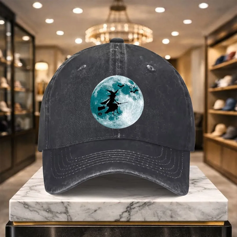 Witch Flying on Moon Halloween Baseball Cap Washed Denim Snapback Hat Unisex Casual Street Style Cap