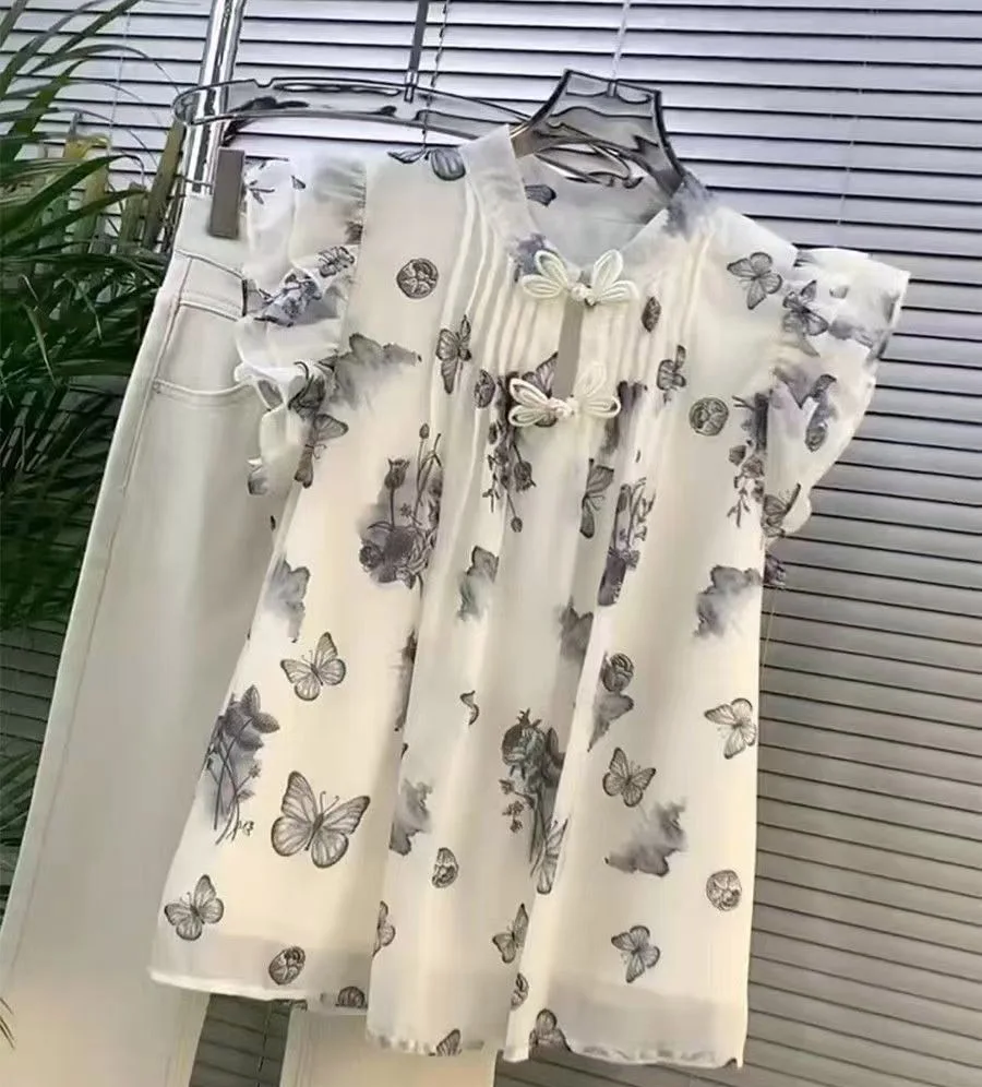 Fashion Trend 2024 Sumer Clothes Chinese Style Butterflies Printed Flying Chiffon Youth Blouses Woman