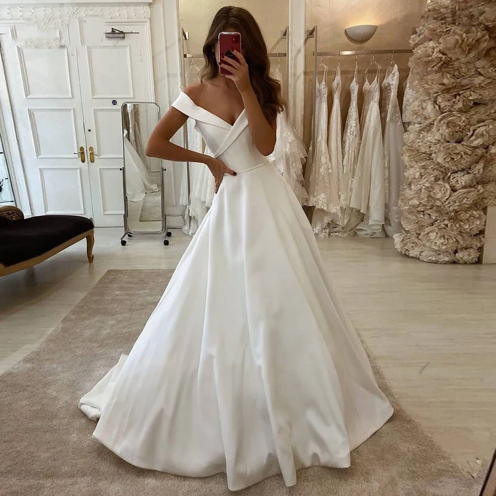 

Angelsbridep V-Neck Satin Ball Gown Wedding Dresses Off-Shoulder Dubai African Robe De Mariee Simple Design Vestido De Noiva