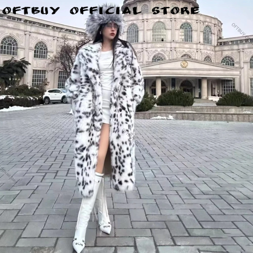 Women's Winter Down Jacket with Rabbit Fur Collar Long Down Coat Belted Leopard Print Women Winter Thick Warm Fluffy Overcoat