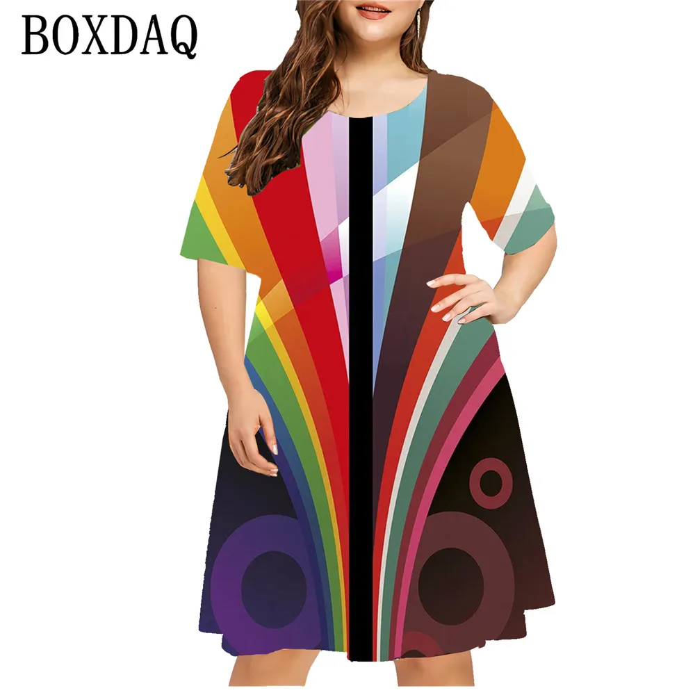 2024 New Women Dress Fashion Summer Painting Colorful Striped Loose Dress Casual Short Sleeve A-Line Dress Plus Size 7XL 8XL 9XL