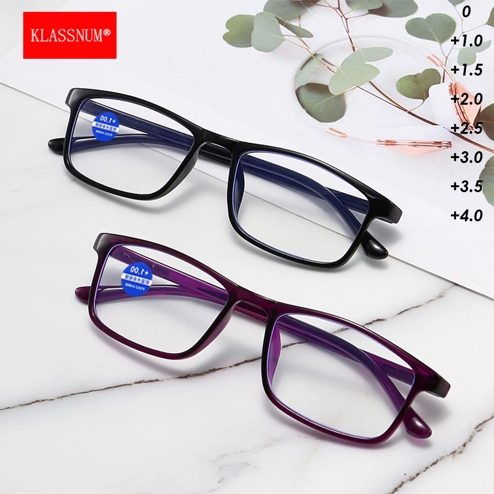 

KLASSNUM Plus очки для чтения для мужчин и женщин, увеличительные очки в маленькой оправе, черные, фиолетовые очки для дальнозоркости + 1,0 + 1,5 + 2,0 + 2,5 + 3,0