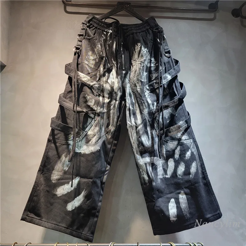 2024 Autumn and Winter New Overalls American Street Heavy Industry Brush Silver Drawstring Wide-leg Pants Loose Dancing Pants