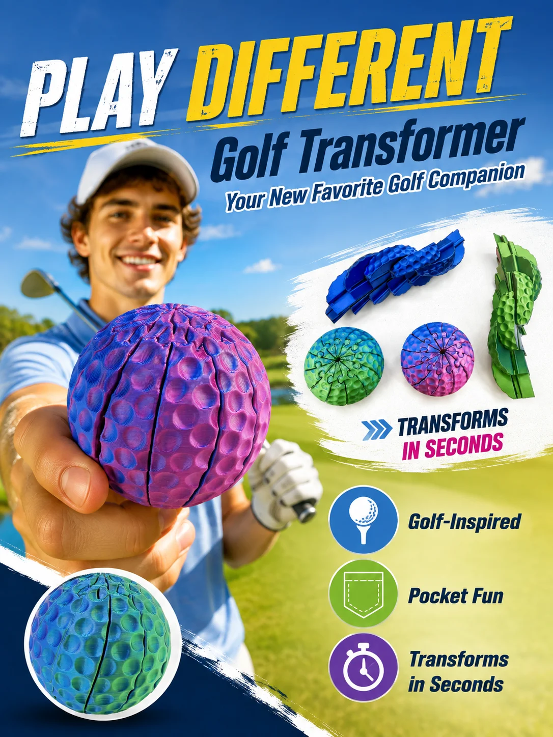 Golf Shape‑Shifting Fidget Ball, Cool Multi‑Color Gradient Realistic Golf Ball, Stress‑Relief Gadget for School & Office