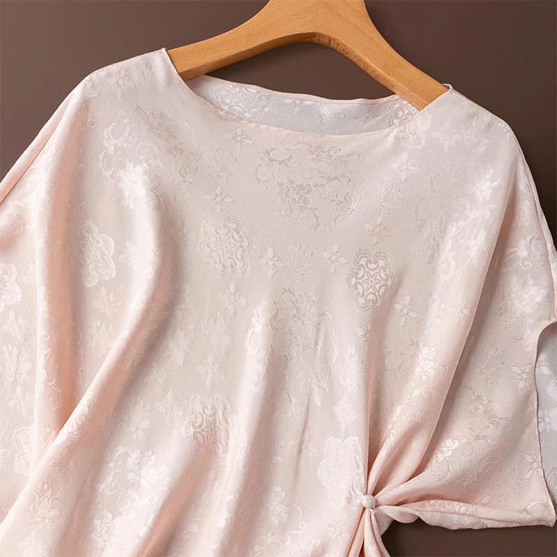 100 Mulberry Silk Pink Jacquard Silk Loose Type Short Sleeve Triangle Women Shirt T-shirt Top Blouse Pullover Summer M1671