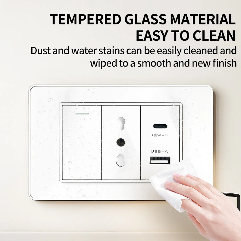 T&I 118 مآخذ التبديل الجدارية مع نوع USB  شحن سريع C، مقبس إيطاليا، منفذ تشيلي شوكو، لوحة من الزجاج المقسى للمنزل