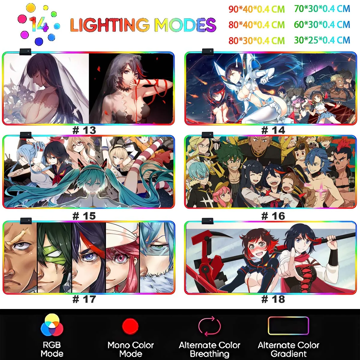 Anime Grils KILL la KILL Matoi Ryuko Mouse Pad LED Mousepad Besar Bercahaya RGB Backlit Mouse Pad Meja Gaming Keyboard Mouse Mat
