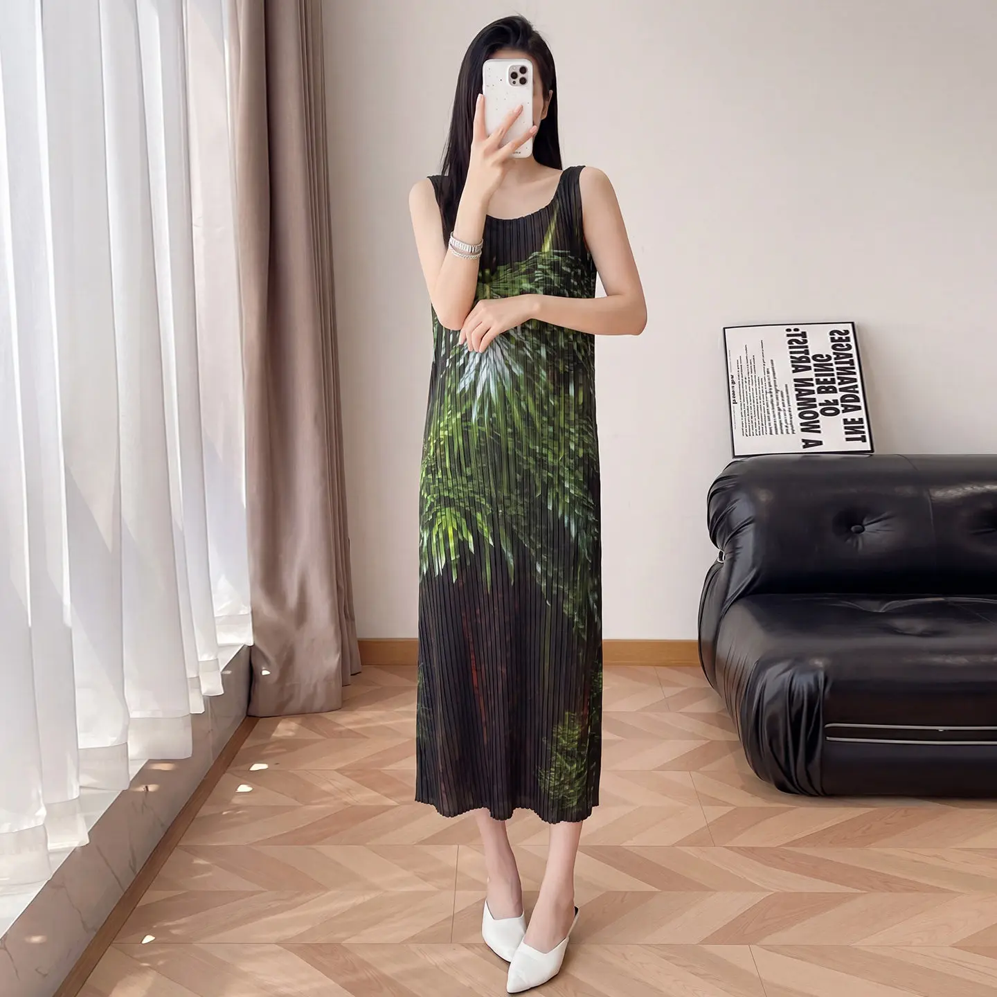 Miyake Pleated Women's Casual Dress 2026 Summer New Printed Loose Round Neck Sleeveless Mid-length Tank Top