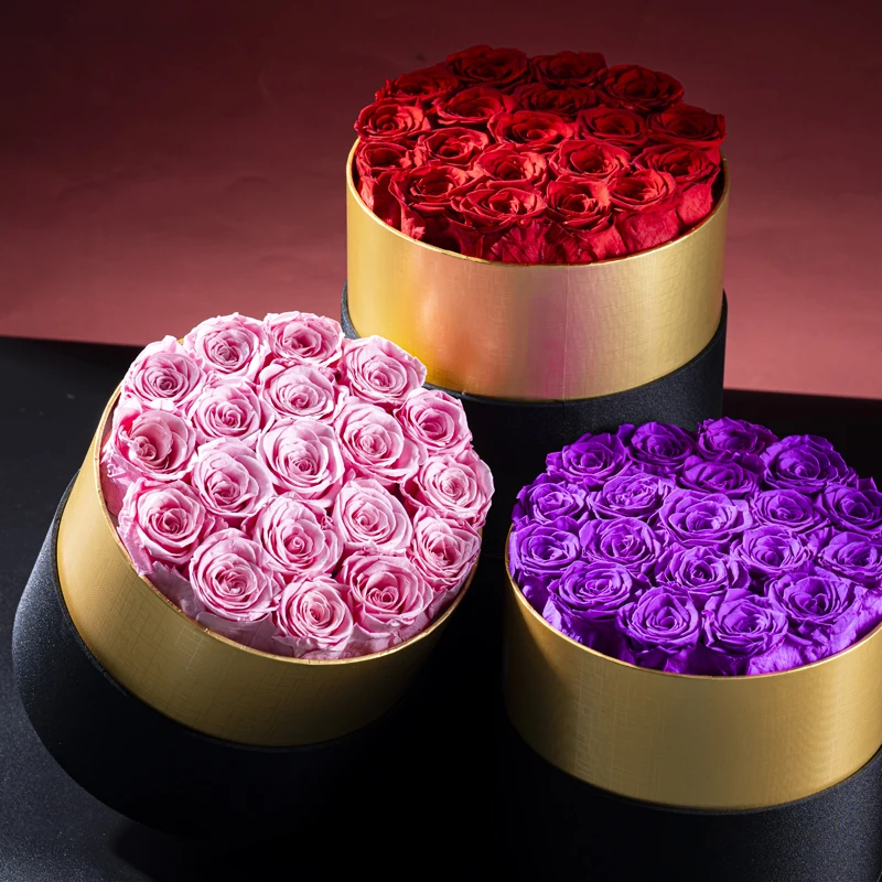 

19 Natural Eternal Roses with Gold Edge Round Hugging Bucket Gift Box, Home Decoration, Christmas Party, Valentine's Day Gift