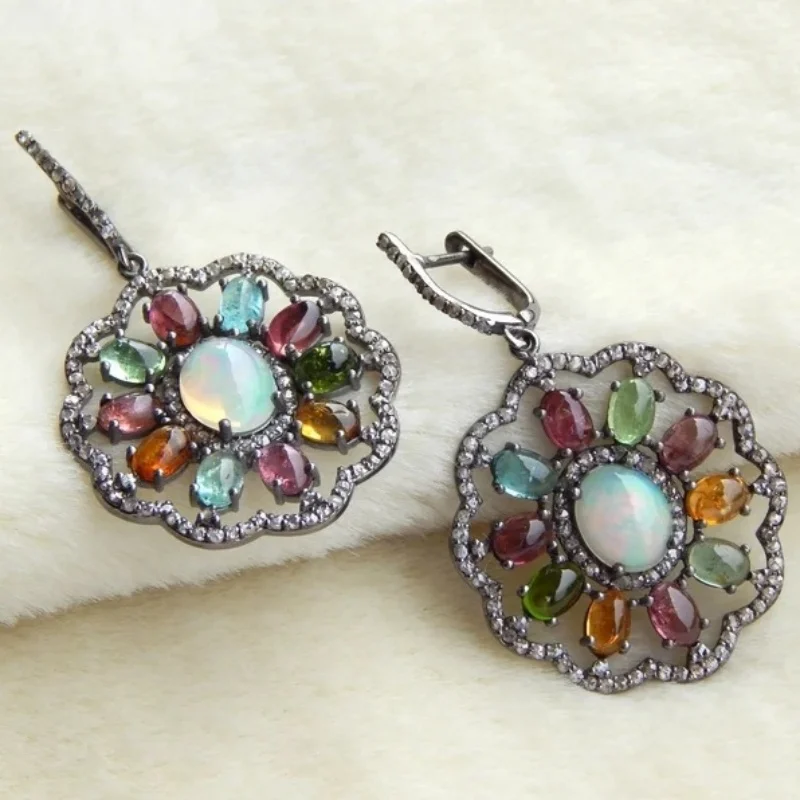 Ethnic Style Long Clip Color Zircon Vintage Dangle Earrings Party Banquet Wedding Bohemian Earrings For Women Jewelry