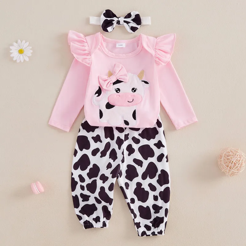 

RUEWEY 0 to 18 Months Baby Girl Pant Sets Spring Autumn Clothes Cow Embroidery Long Sleeve Romper Long Pants Headband