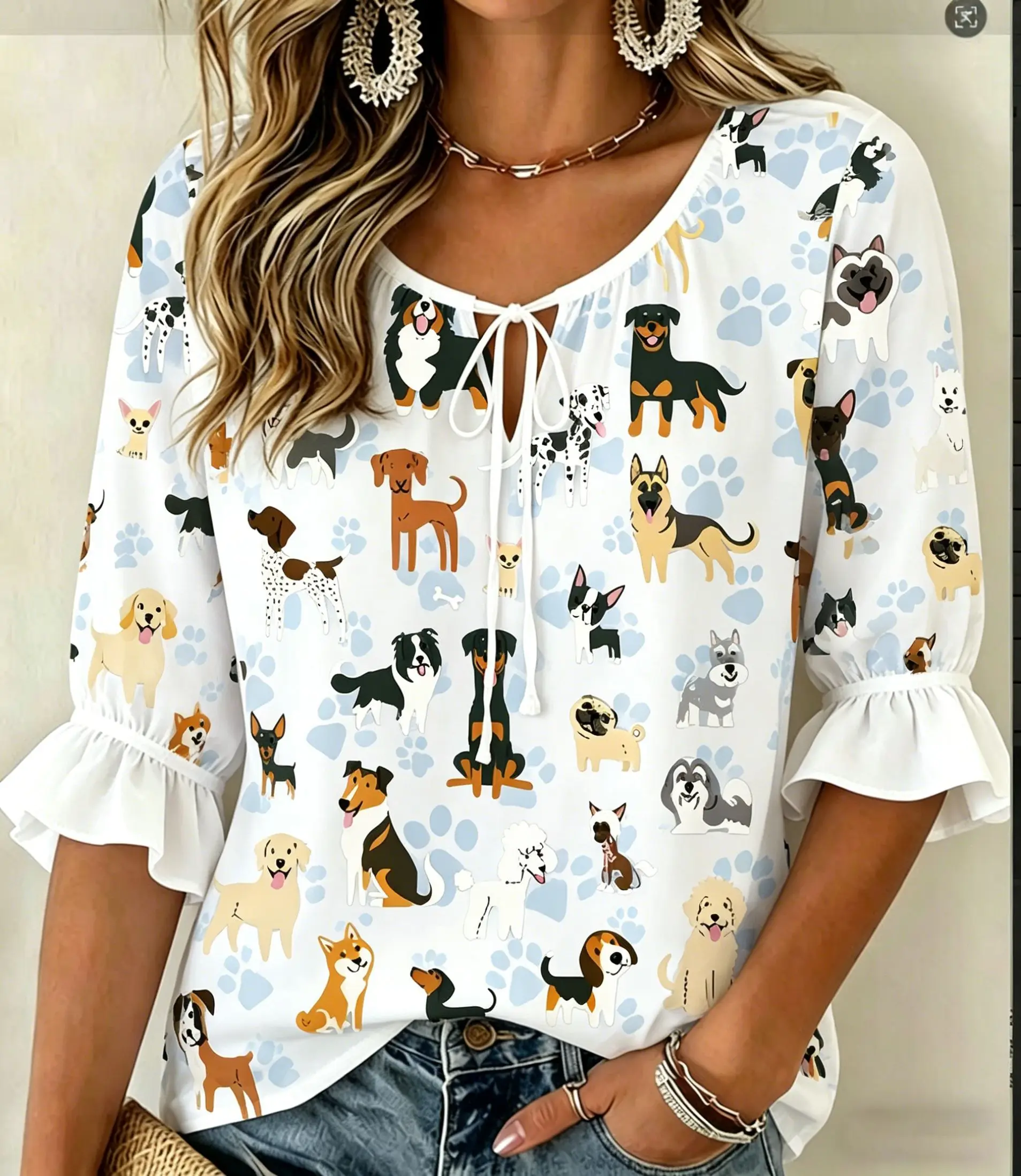 

Women's White Cute Dog Print Tie Neck Blouse, Casual Loose Tops for Spring Summer Daily Wear & Vacation Occasions