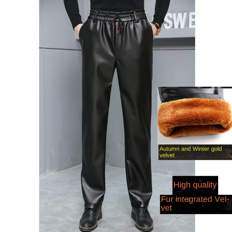 Leather Pants Men's Waterproof Soft Leather with Wool Thickened Autumn and Winter Straight Loose Fur One Men Leather Pants
